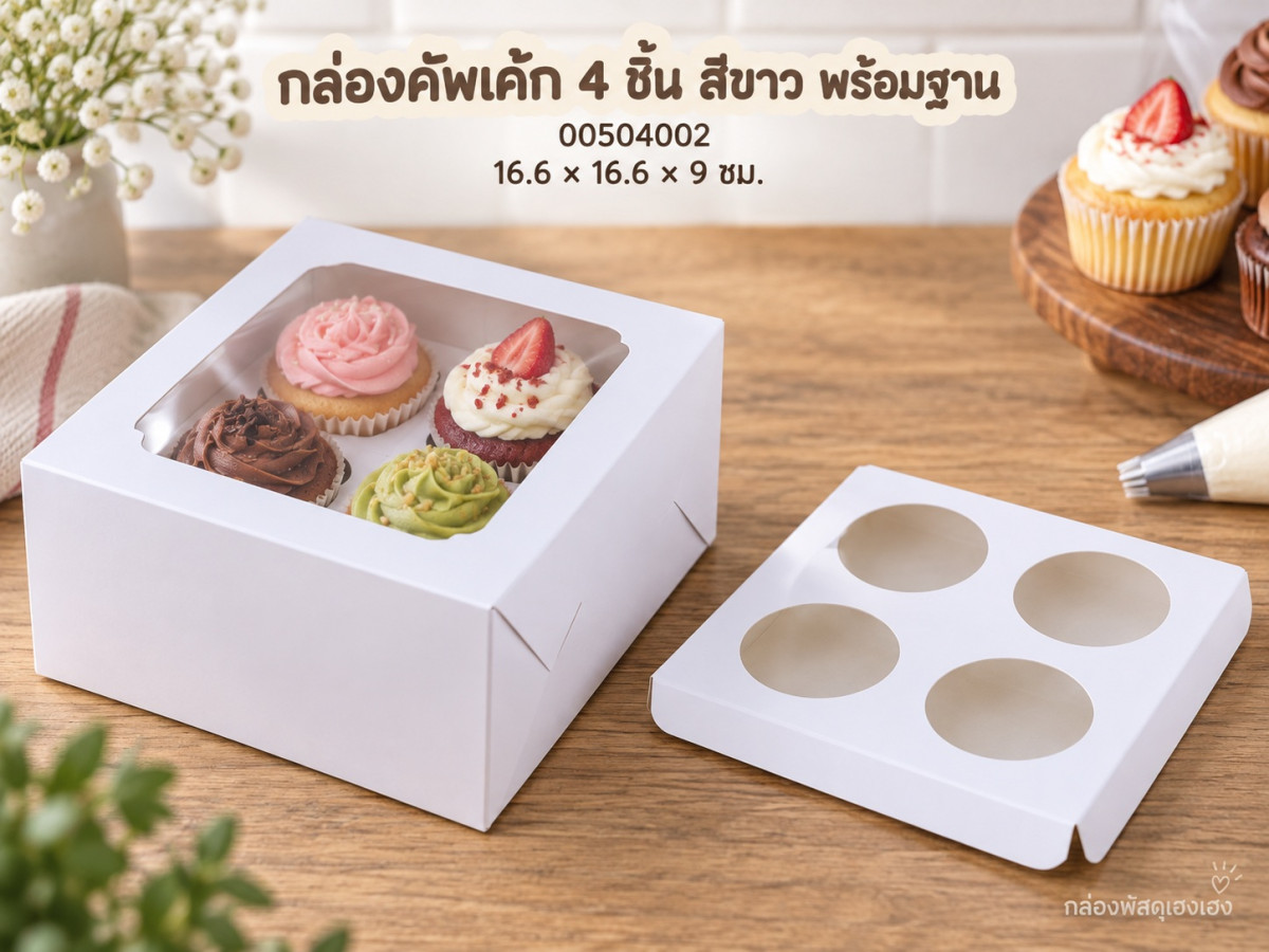 กล่องคัพเค้ก 4 ชิ้น พร้อมฐาน สีขาว 16.6x16.6x9 ซม.