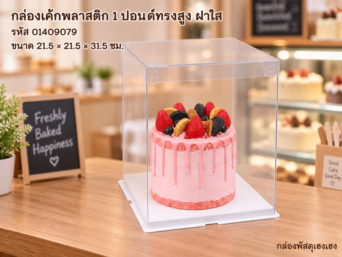 กล่องเค้กพลาสติก 1 ปอนด์ทรงสูง ฝาใส ขนาด 21.5x21.5x31.5 ซม.