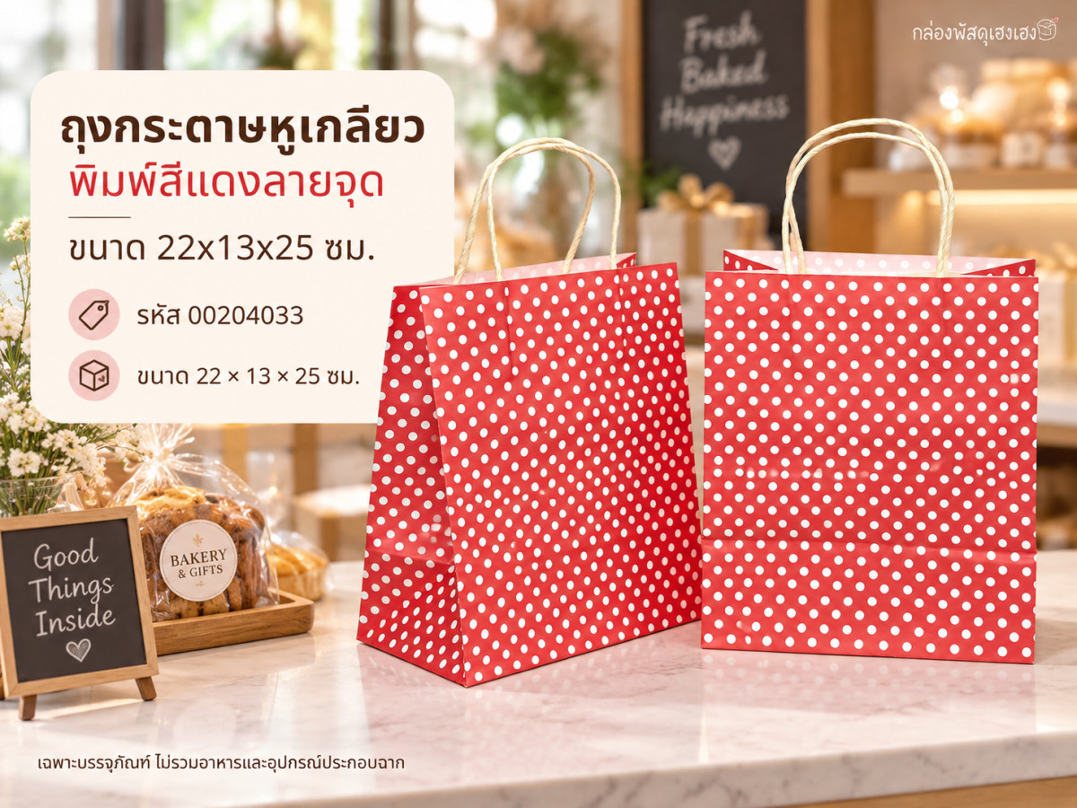 ถุงกระดาษหูเกลียว พิมพ์สีแดงลายจุด ขนาด 22x13x25 ซม.