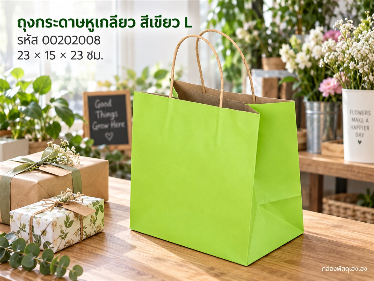 ถุงกระดาษหูเกลียวพิมพ์สีเขียว ขนาด 23*15*23 ซม.