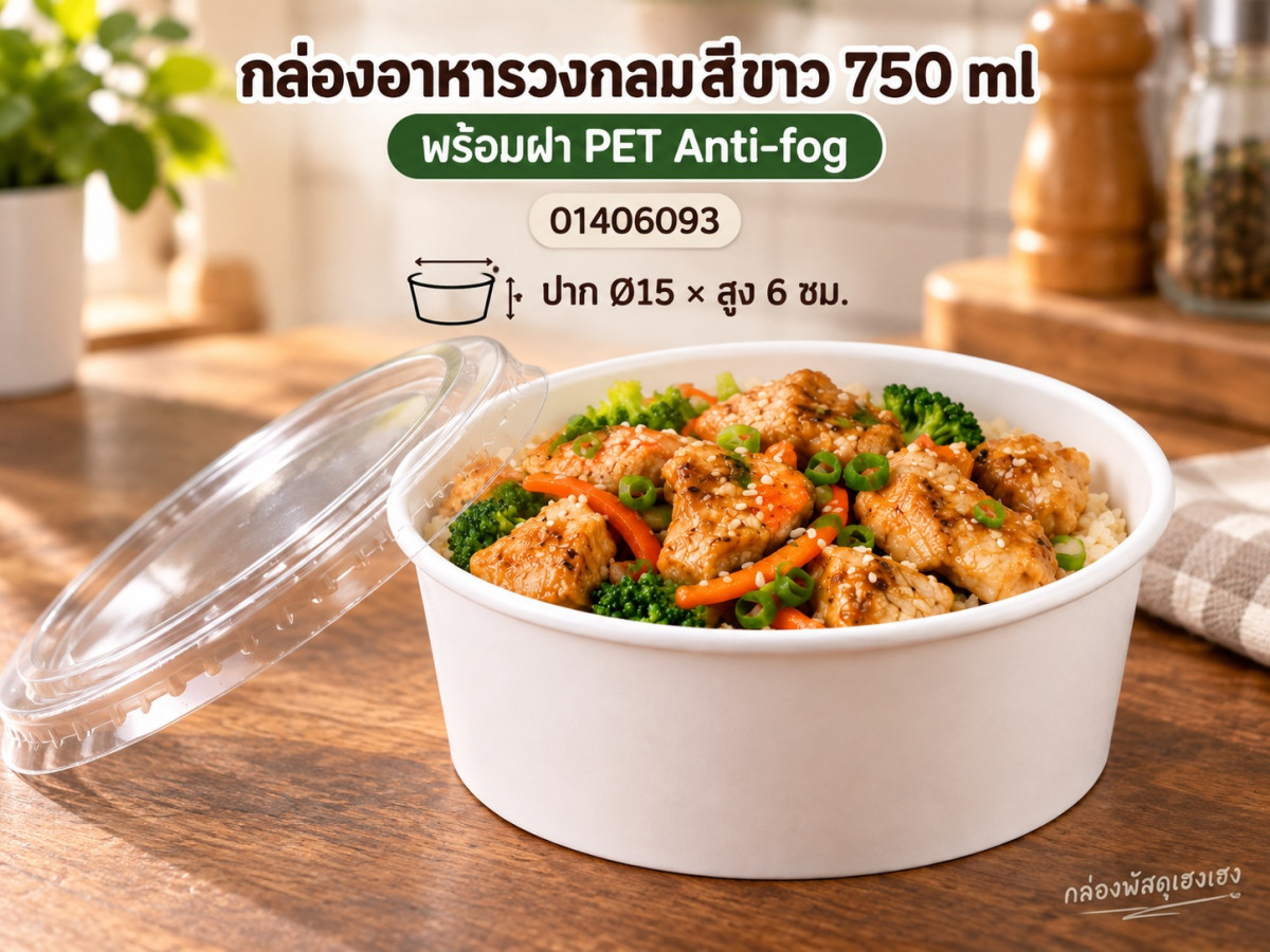 กล่องอาหารวงกลมสีขาว 750 ml พร้อมฝา PET Anti-fog 15x15x6 ซม.