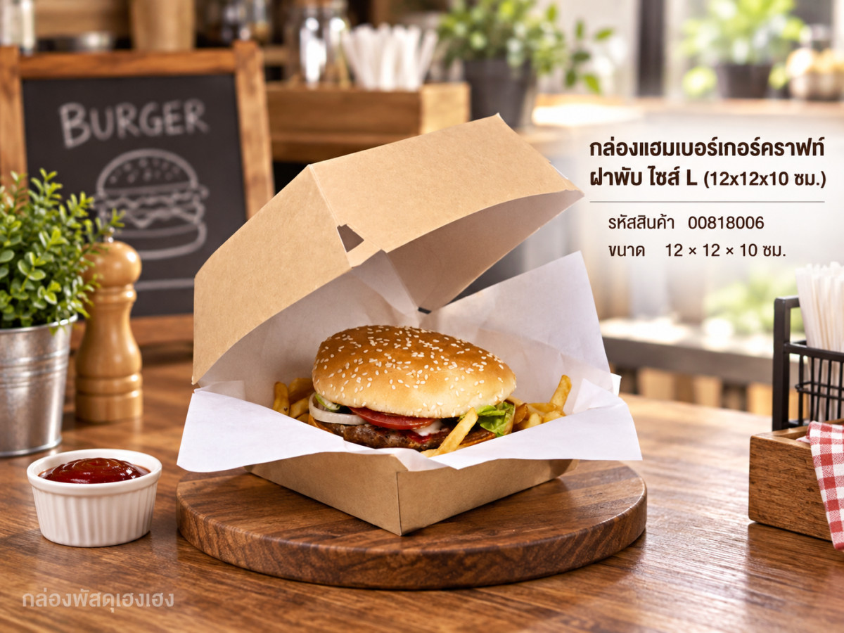 กล่องแฮมเบอร์เกอร์คราฟท์ ฝาพับ ไซส์ L (12x12x10 ซม.)