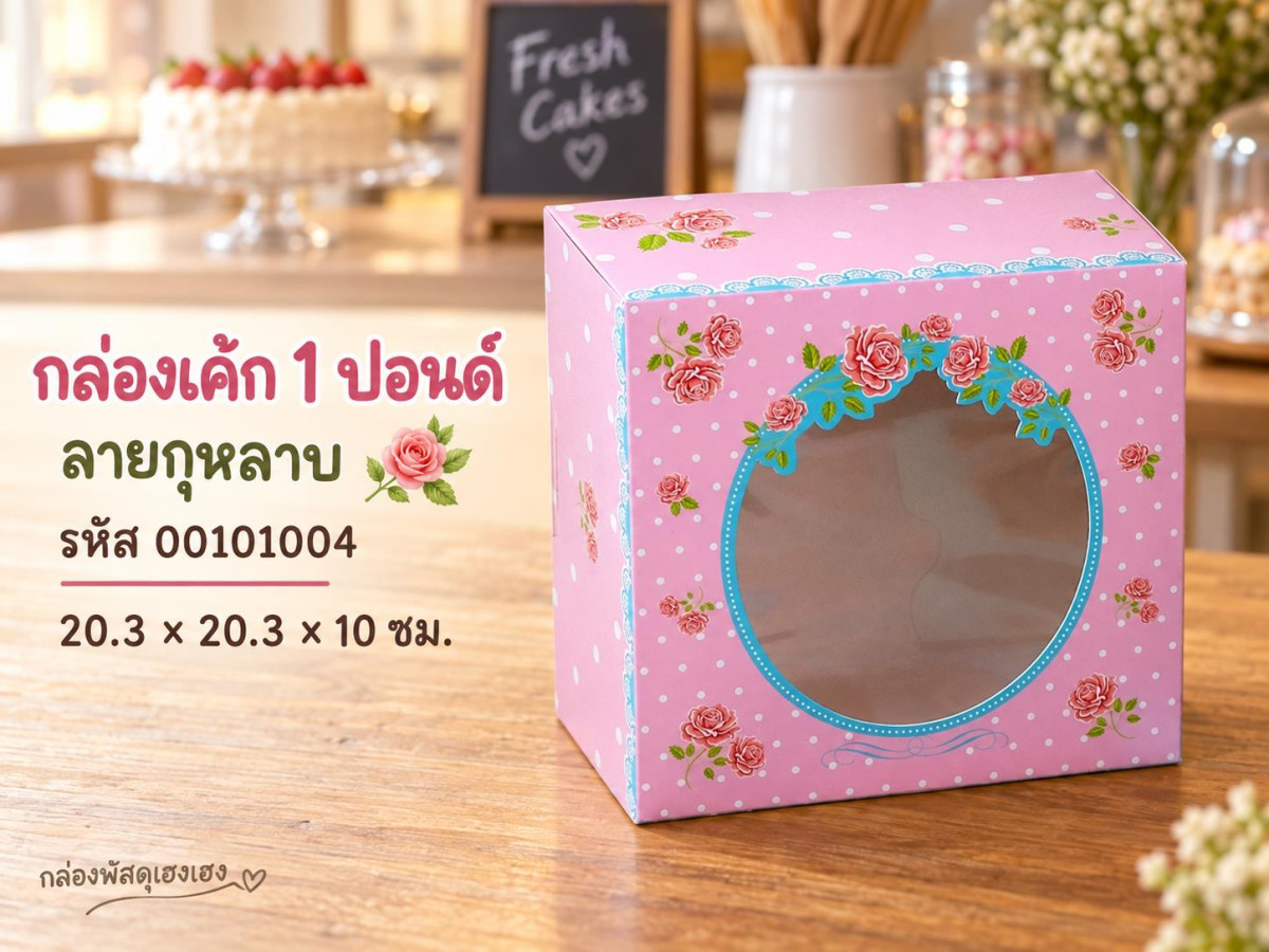 กล่องเค้ก 1 ปอนด์ ลายกุหลาบ 20.3x20.3x10 ซม.