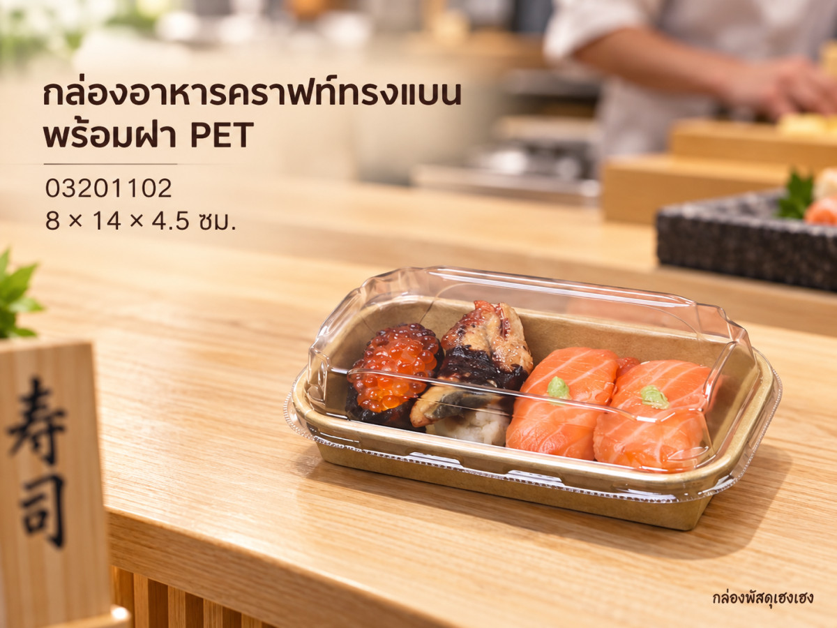 กล่องอาหารคราฟท์ทรงแบน พร้อมฝาพลาสติกPET ขนาด 8.0 x 14.0 x 4.5 ซม.
