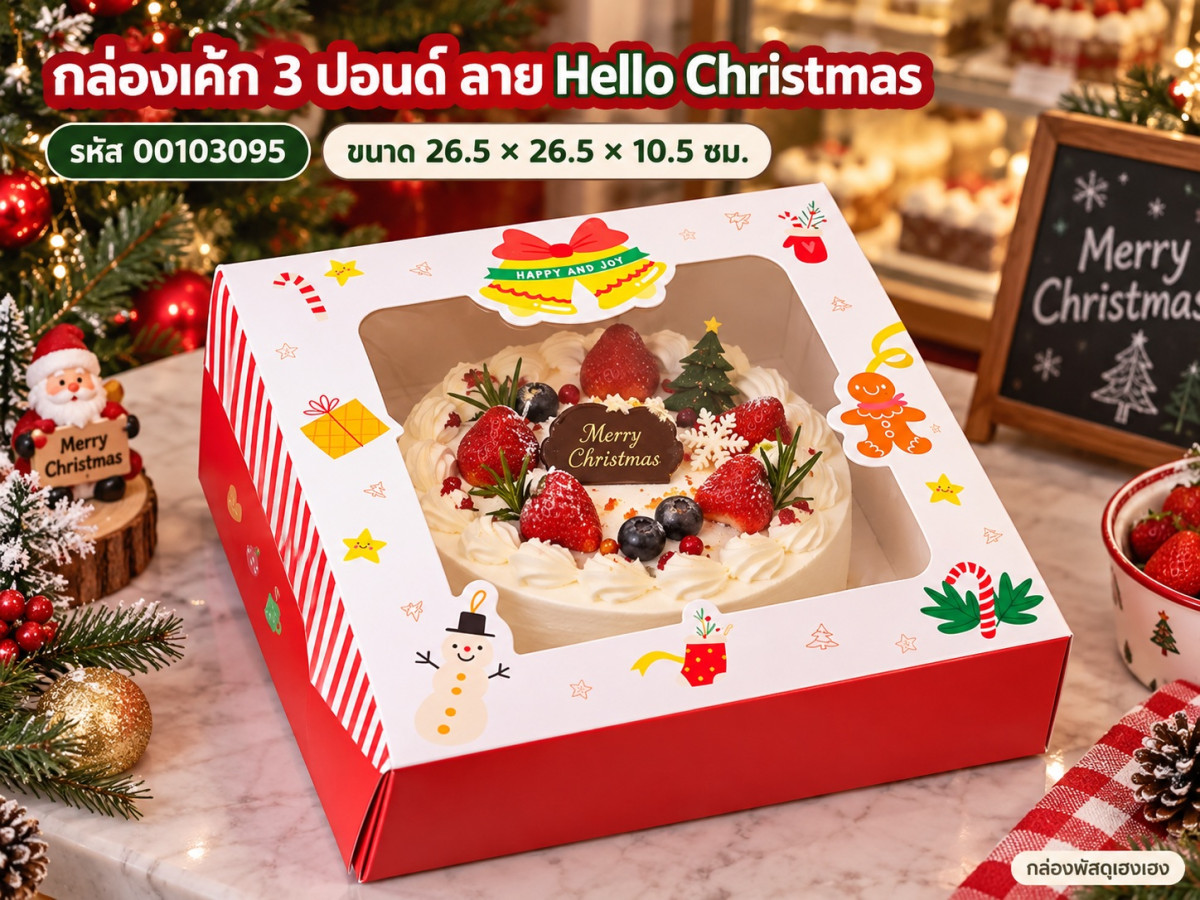 กล่องเค้ก 3 ปอนด์ ลาย Hello Christmas. 26.5x26.5x10.5 ซม.