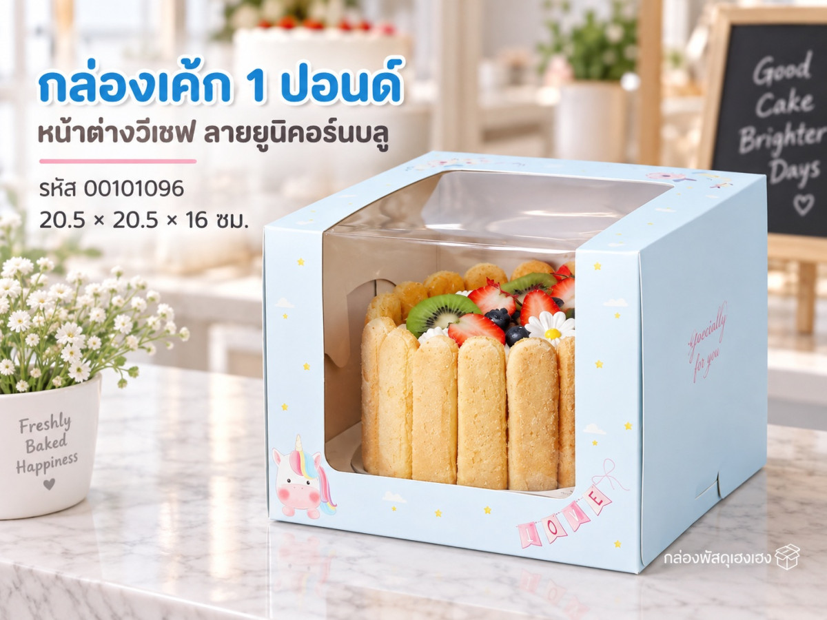 กล่องเค้ก 1 ปอนด์ หน้าต่างวีเชฟ ลายยูนิคอร์นบลู 20.5x20.5x16 ซม.