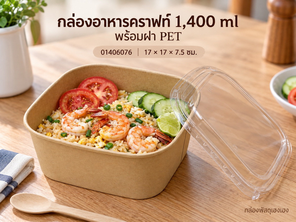 กล่องอาหารกระดาษคราฟท์ ทรงสี่เหลี่ยม 1,400 ml พร้อมฝา PET 17x17x7.5 ซม.