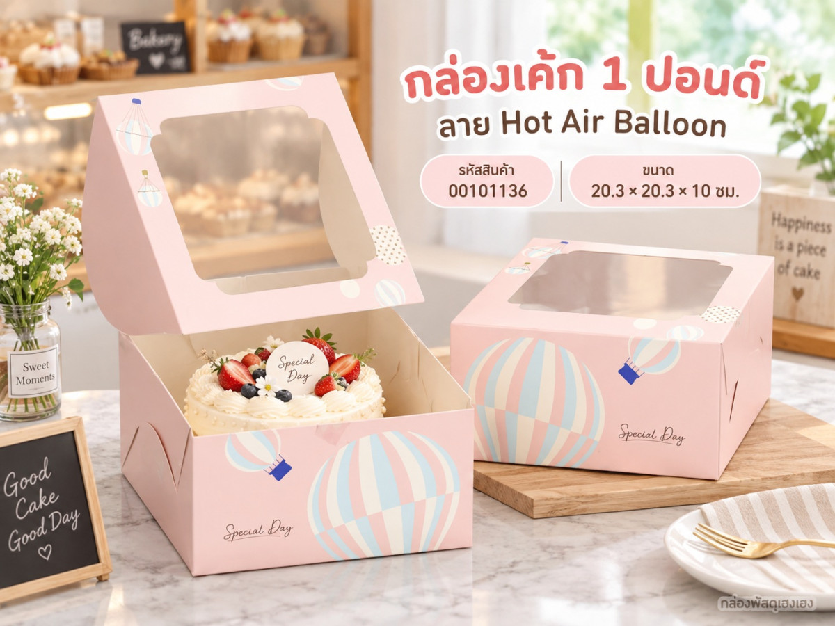 กล่องเค้ก 1 ปอนด์ ลายHot Air Balloon 20.3x20.3x10 ซม.