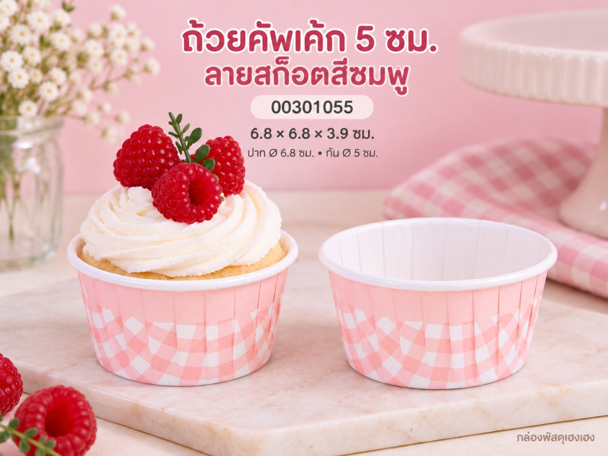 ถ้วยคัพเค้ก 5 ซม. ลายสก็อตสีชมพู 6.8x6.8x3.9 ซม.