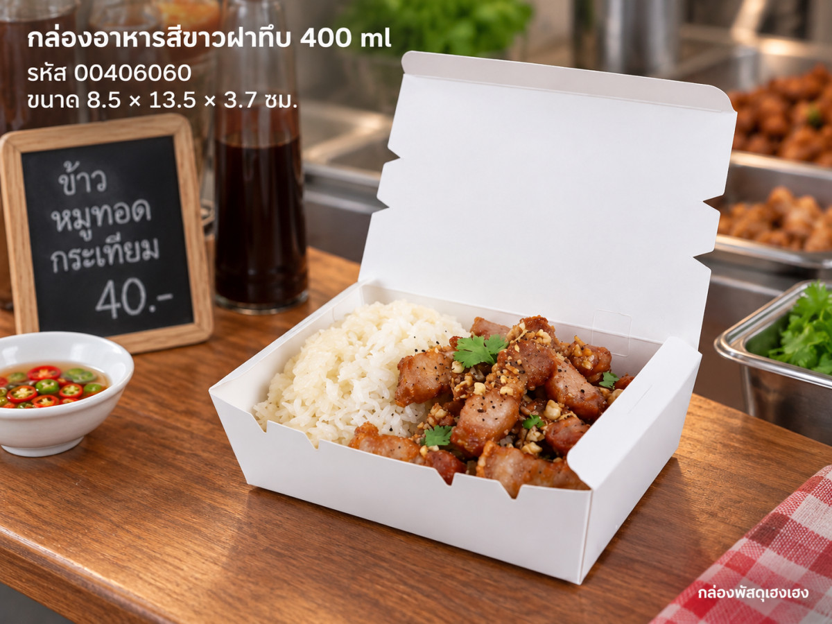 กล่องอาหารกระดาษสีขาวฝาทึบ ขนาด 400 ml (8.5x13.5x3.7 ซม.)