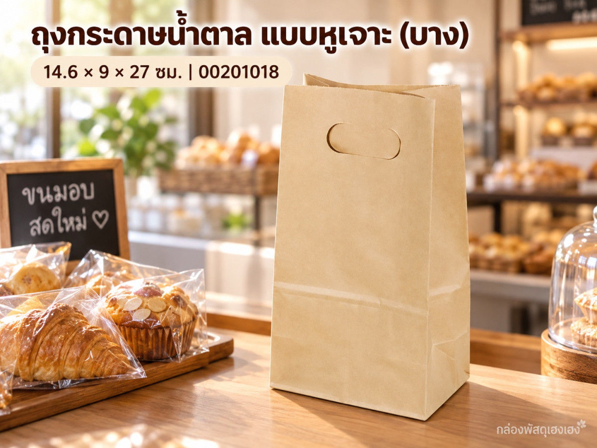 ถุงกระดาษน้ำตาล แบบหูเจาะ (บาง) 14.6x9x27 ซม.