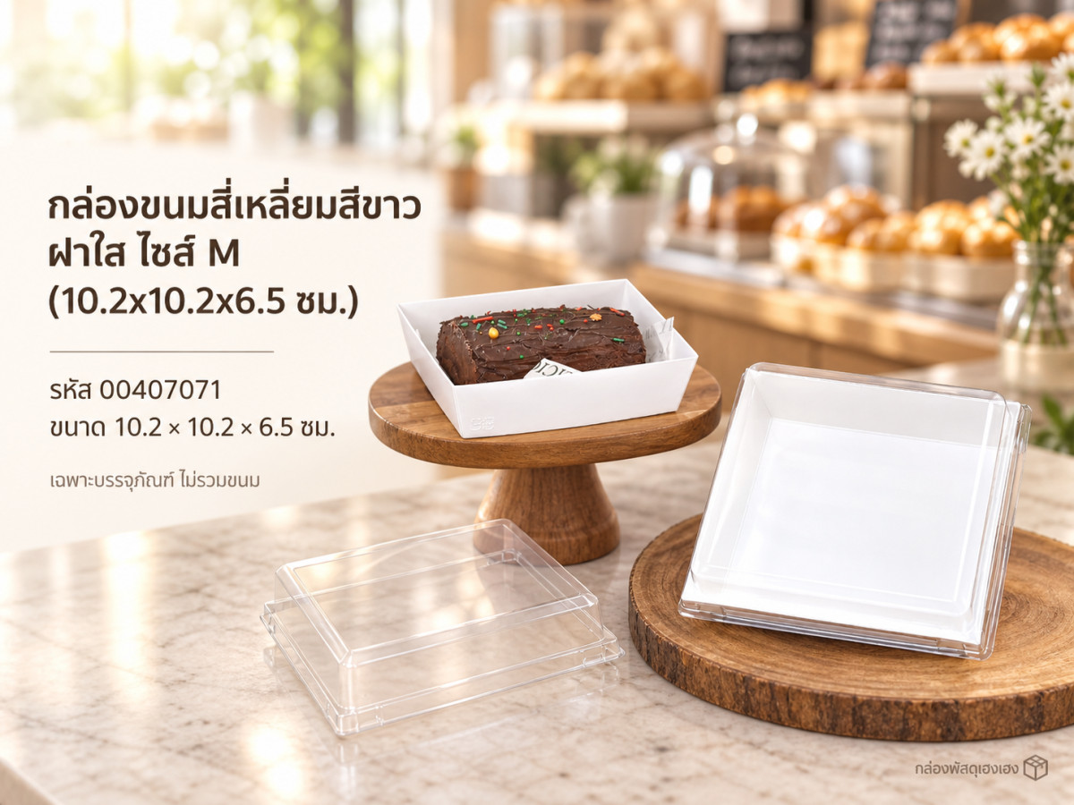 กล่องขนมสี่เหลี่ยมสีขาว ฝาใส ไซส์ M (10.2x10.2x6.5 ซม.)