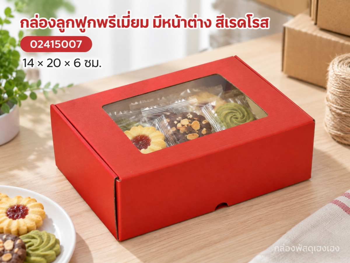 กล่องลูกฟูกพรีเมี่ยม มีหน้าต่าง สีเรดโรส 14x20x6 ซม.