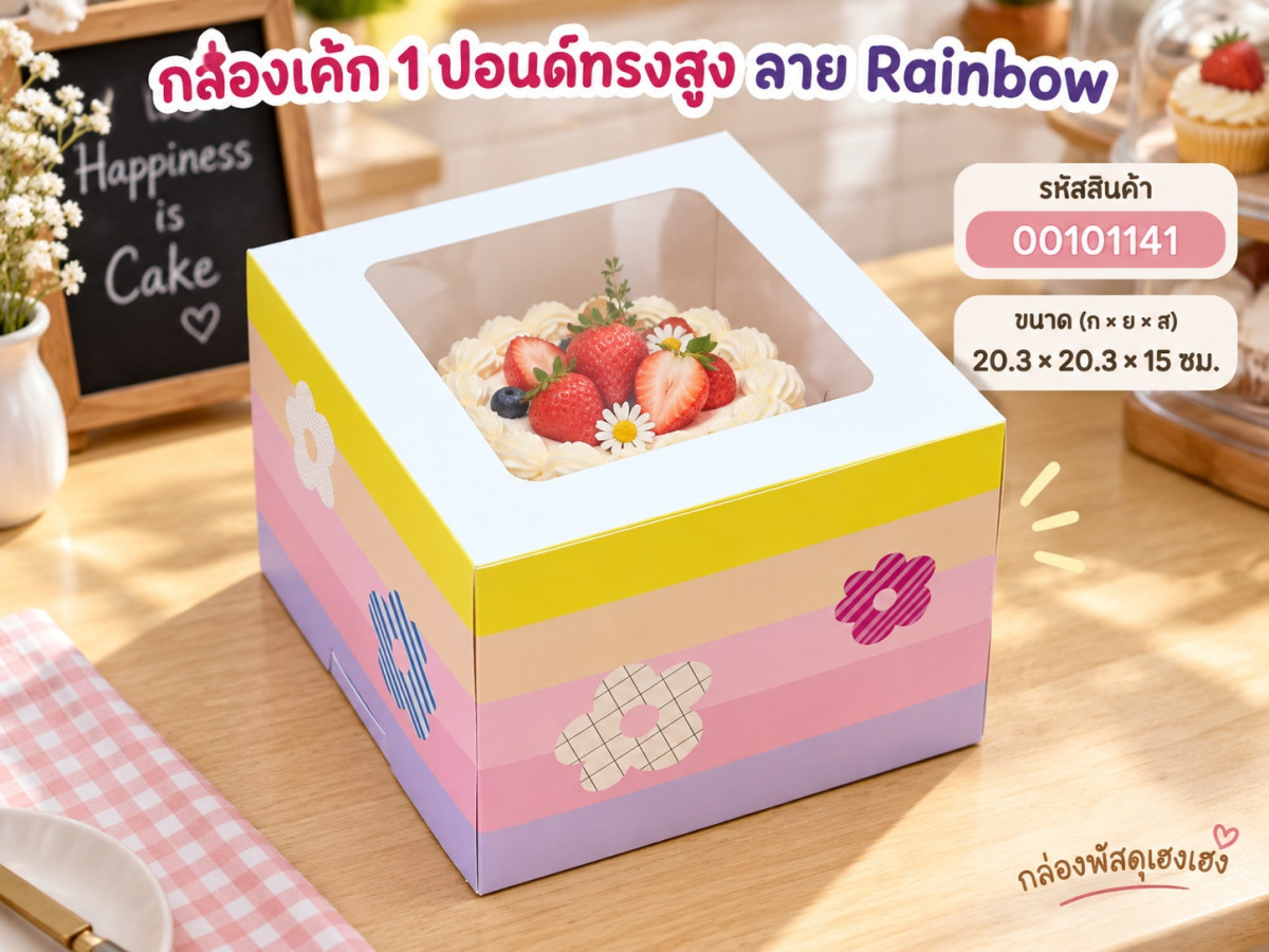 กล่องเค้ก 1 ปอนด์ทรงสูง ลาย Rainbow 20.3x20.3x15 ซม.