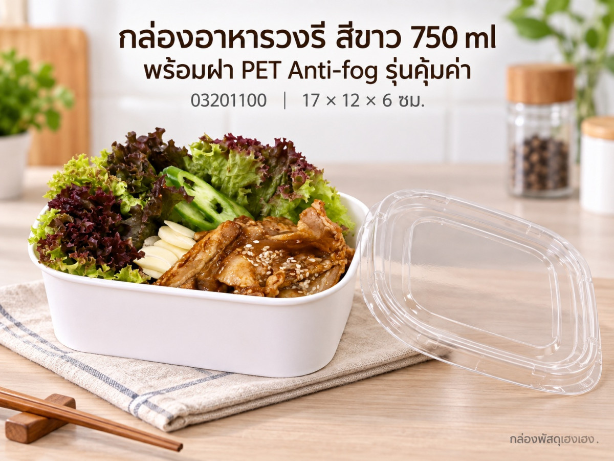 กล่องอาหารวงรี สีขาว 750 ml พร้อมฝา PET Anti-fog รุ่นคุ้มค่า 17x12x6 ซม.