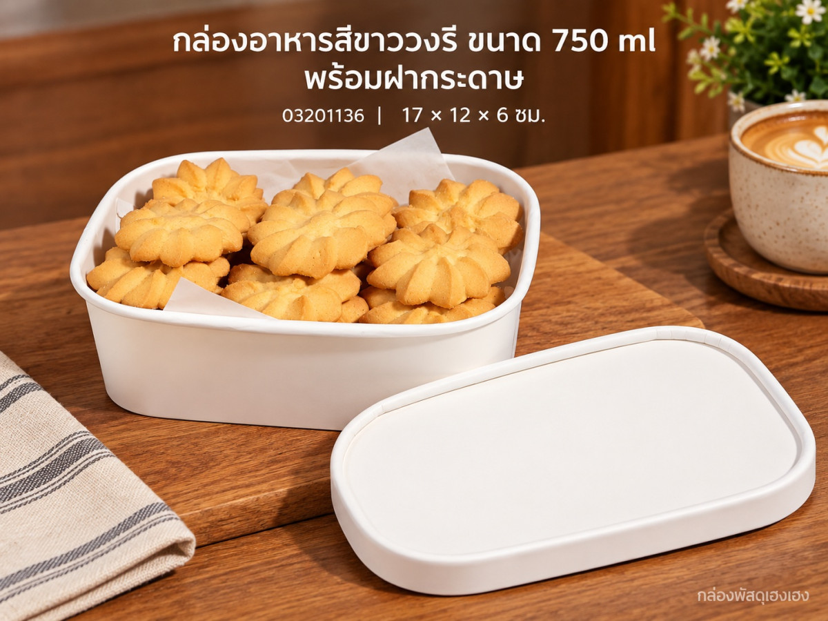 กล่องอาหารสีขาววงรี ขนาด 750 ml พร้อมฝากระดาษ 17x12x6 ซม.