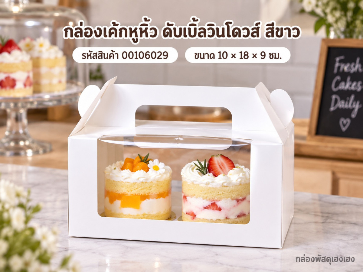 กล่องเค้กหูหิ้ว ดับเบิ้ลวินโดวส์ สีขาว 10x18x9 ซม.