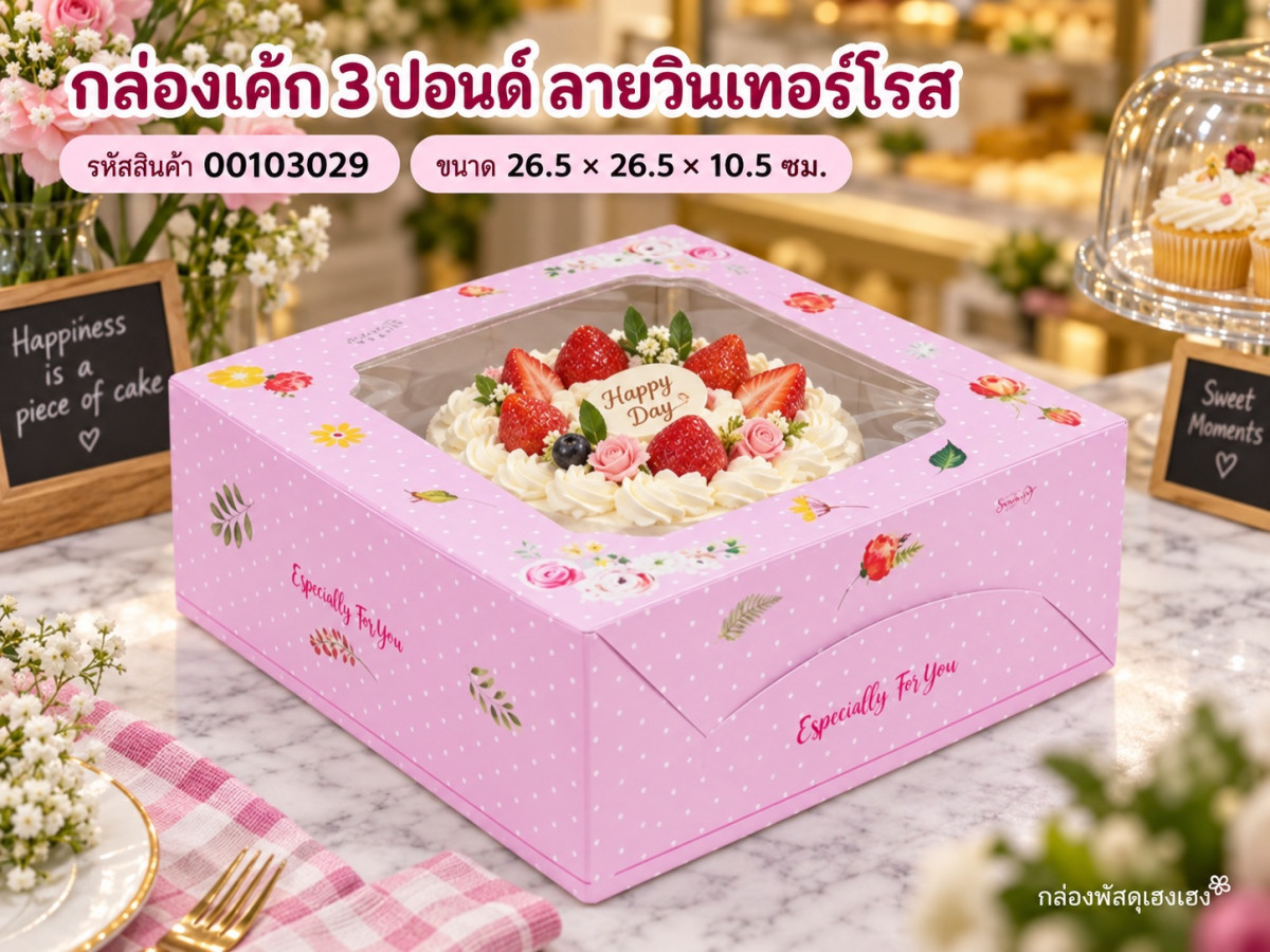 กล่องเค้ก 3 ปอนด์ ลายวินเทอร์โรส 26.5x26.5x10.5 ซม.