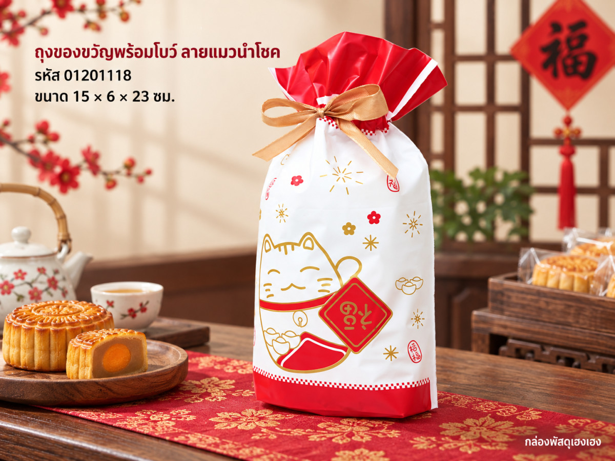 ถุงของขวัญ พร้อมโบว์ ลายแมวนำโชค ขนาด 15x6x23 ซม.
