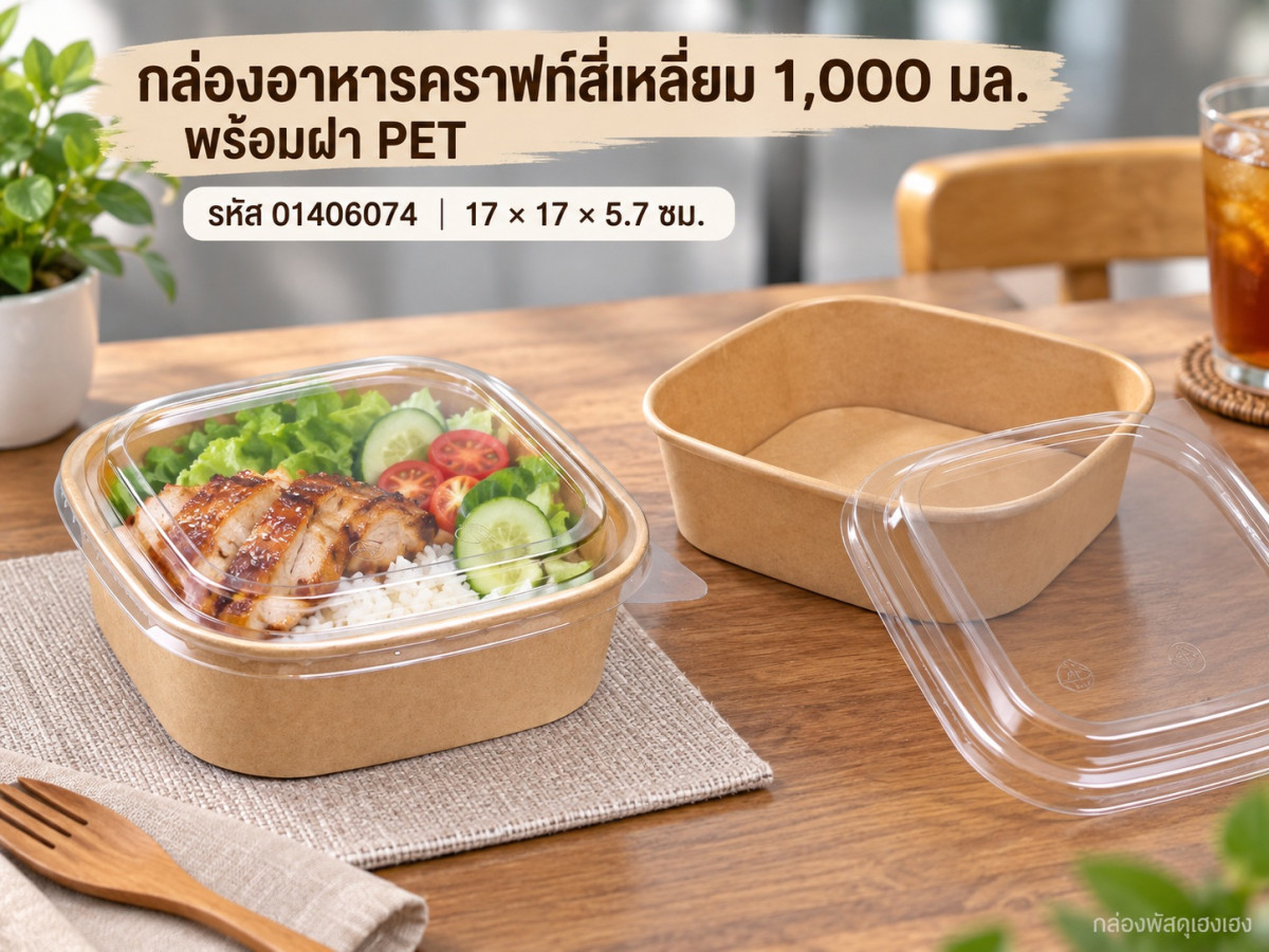 กล่องอาหารกระดาษคราฟท์ ทรงสี่เหลี่ยม 1000 ml พร้อมฝา PET 17x17x5.7 ซม.
