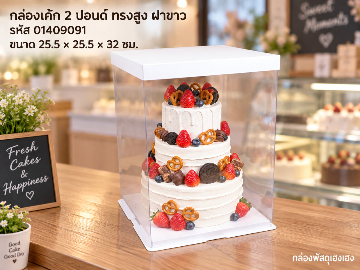 กล่องเค้กพลาสติก 2 ปอนด์ทรงสูง ฝาขาว ขนาด 25.5x25.5x32 ซม.
