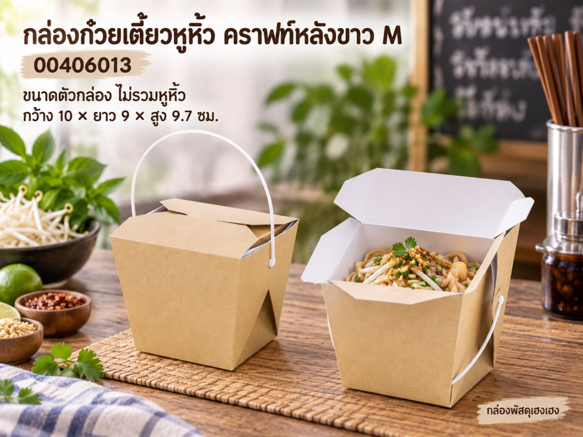 กล่องก๋วยเตี๋ยวหูหิ้ว คราฟท์หลังขาว M ขนาดตัวกล่อง ไม่รวมหูหิ้ว 10x9x9.7 ซม.