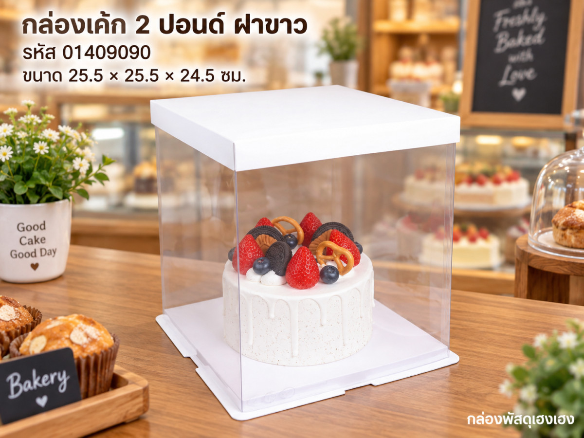กล่องเค้กพลาสติก 2 ปอนด์ ฝาขาว ขนาด 25.5x25.5x24.5 ซม.
