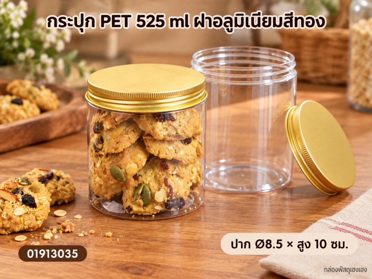 กระปุก PET 525 ml ฝาอลูมิเนียมสีทอง 8.50x8.50x10.00 ซม.
