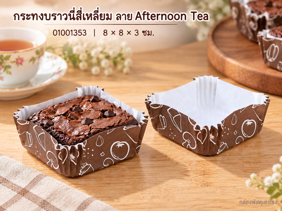 กระทงบราวนี่สี่เหลี่ยม ลาย Afternoon Tea 8x8x3 ซม.