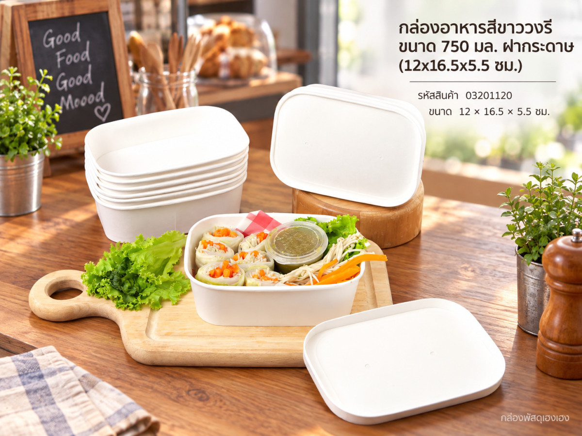 กล่องอาหารสีขาววงรี ขนาด 750 มล. ฝากระดาษ (12x16.5x5.5 ซม.)