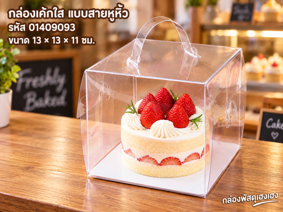 กล่องเค้กพลาสติก แบบสายหูหิ้ว ขนาด 13x13x11 ซม.