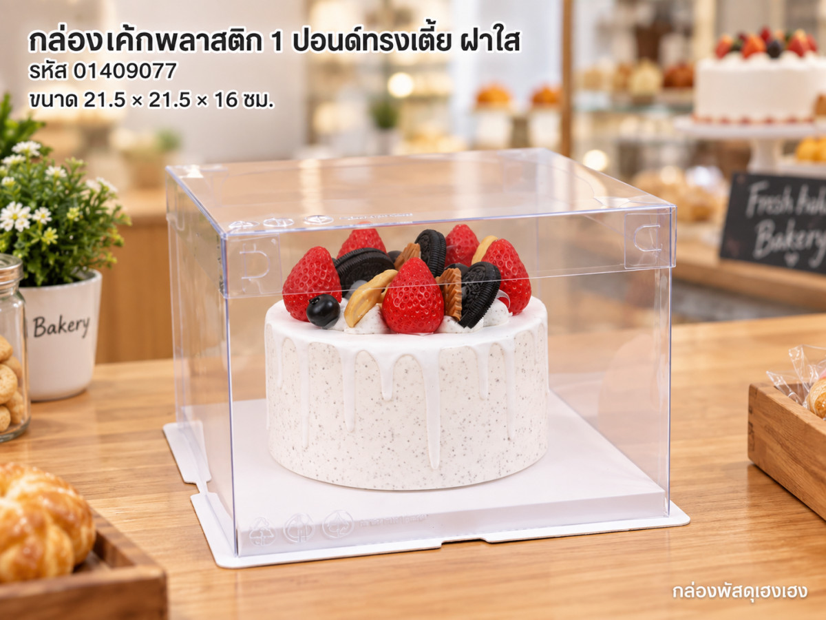 กล่องเค้กพลาสติก 1 ปอนด์ทรงเตี้ย ฝาใส ขนาด 21.5x21.5x16 ซม.