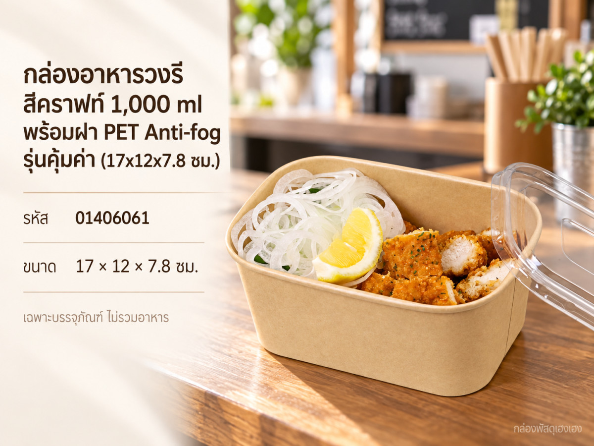 กล่องอาหารวงรี สีคราฟท์ 1,000 ml พร้อมฝา PET Anti-fog รุ่นคุ้มค่า (17x12x7.8 ซม.)