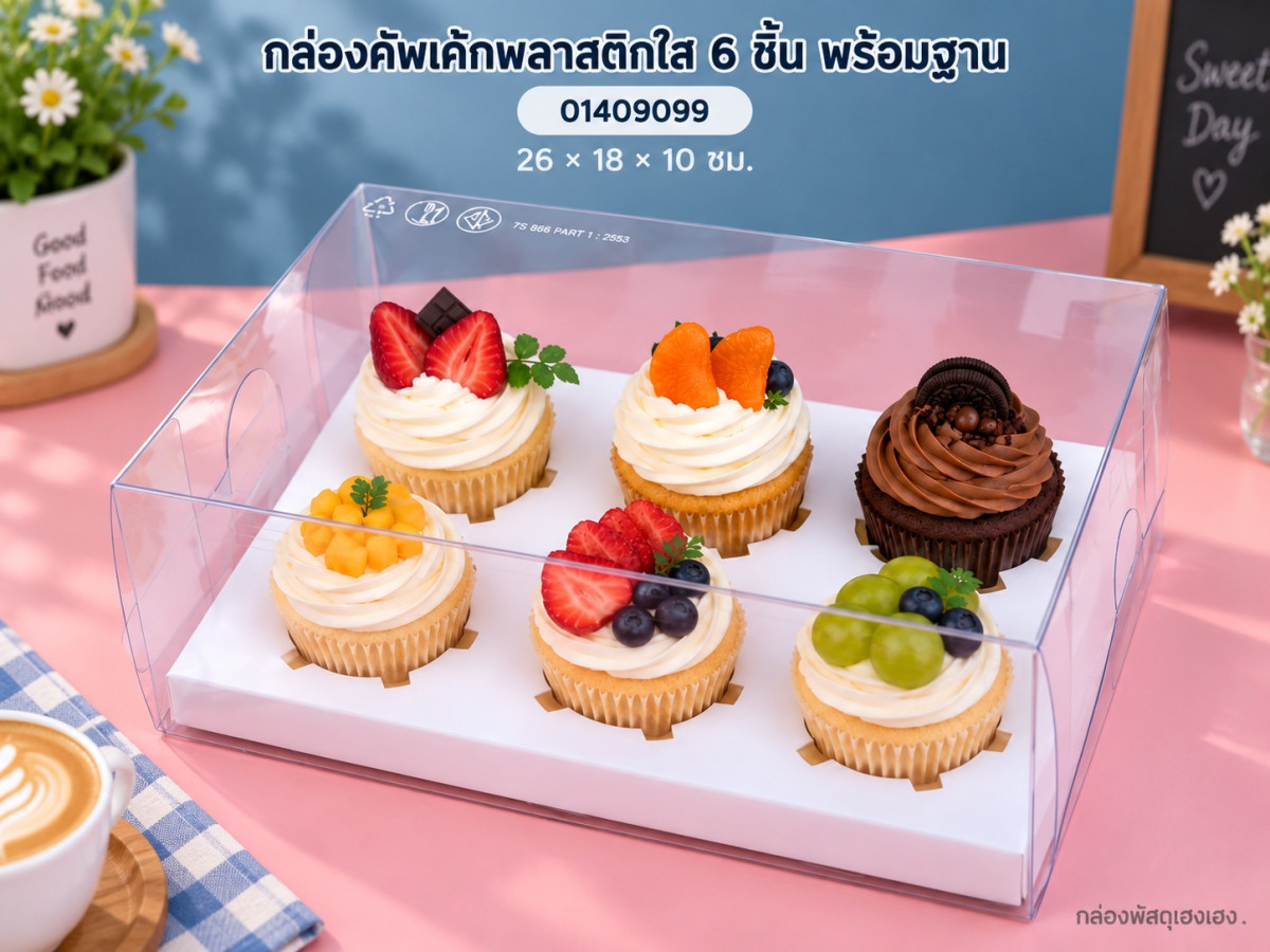 กล่องคัพเค้กพลาสติกใส 6 ชิ้น พร้อมฐาน 26x18x10 ซม.