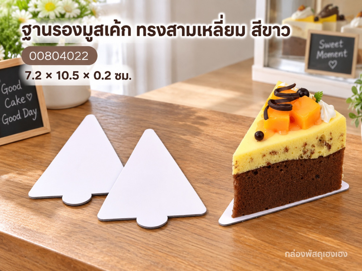 ฐานรองมูสเค้ก ทรงสามเหลี่ยม สีขาว 7.2x10.5x0.2 ซม.