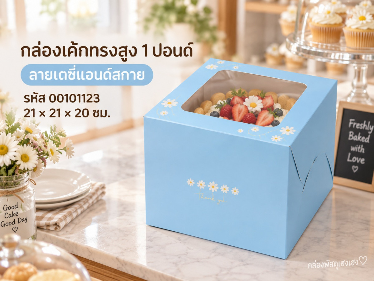 กล่องเค้ก 1 ปอนด์ ทรงสูง ลายเดซี่แอนด์สกาย 21x21x20 ซม.