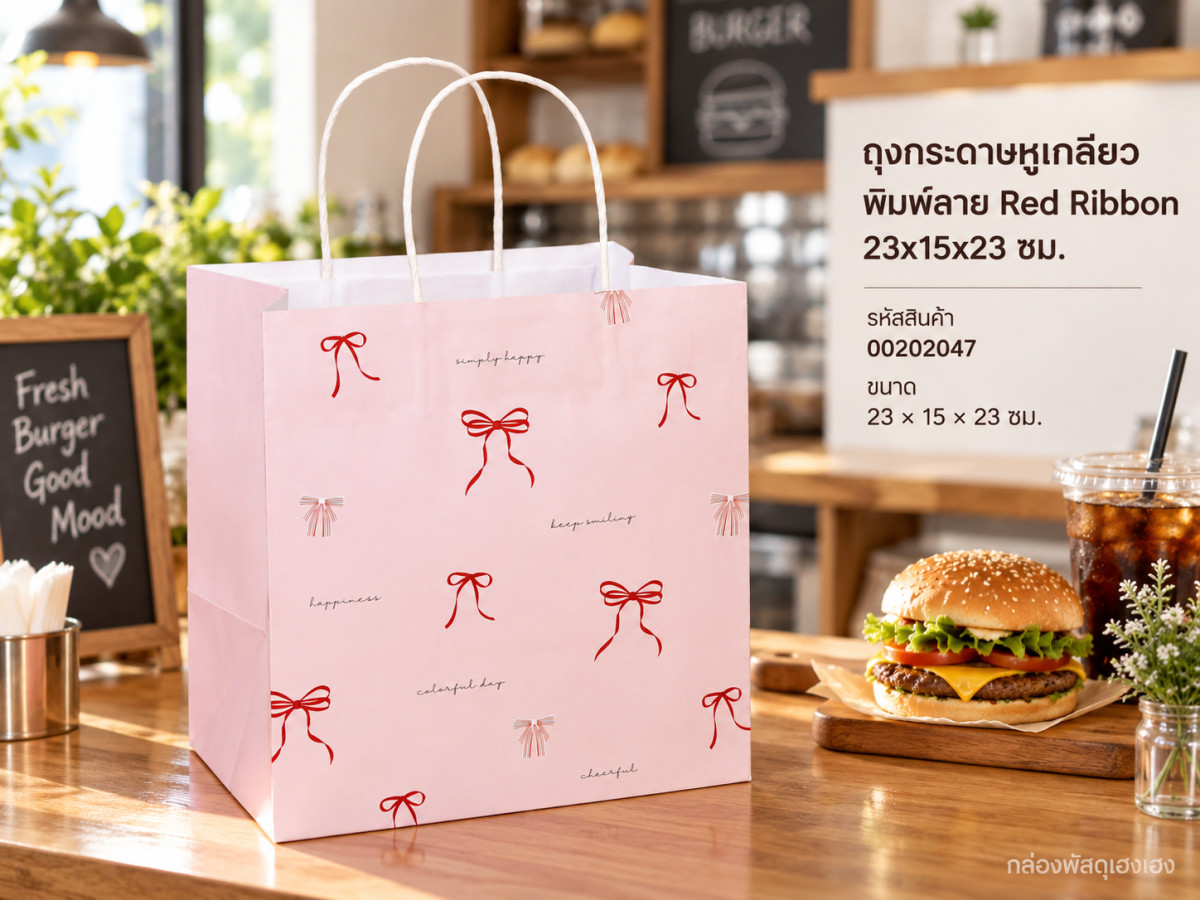 ถุงกระดาษหูเกลียว พิมพ์ลาย Red Ribbon 23x15x23 ซม.