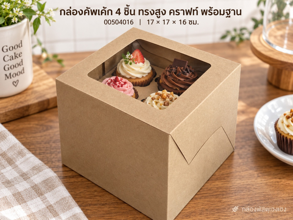 กล่องคัพเค้ก 4 ชิ้น ทรงสูง คราฟท์ พร้อมฐาน 17x17x16 ซม.