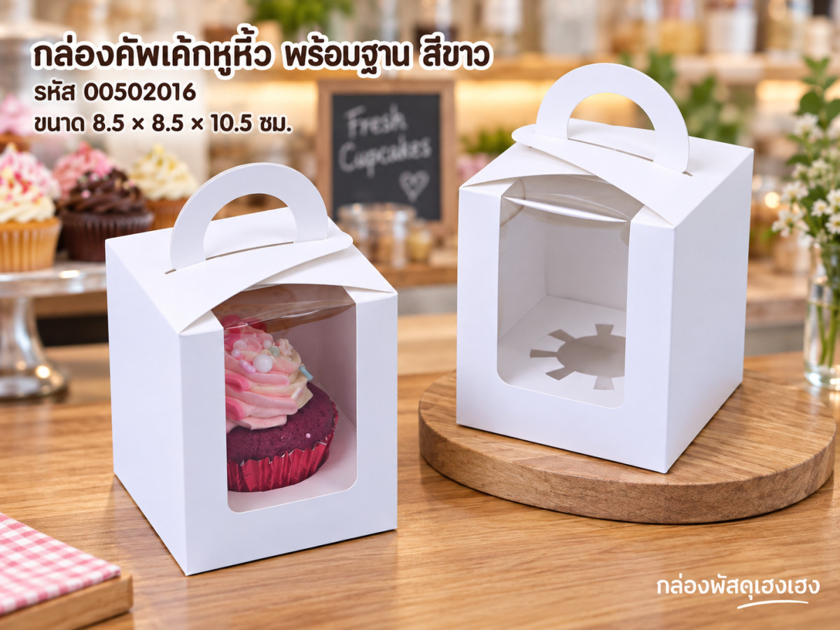 กล่องคัพเค้ก 1 ชิ้นหูหิ้ว หน้าต่างวีเชฟ พร้อมฐาน สีขาว (8.5x8.5x10.5 ซม.)