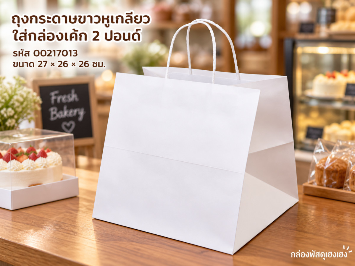 ถุงกระดาษขาวหูเกลียว ใส่กล่องเค้ก 2 ปอนด์ 27x26x26 cm