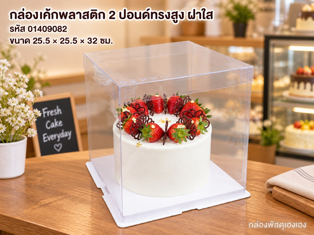 กล่องเค้กพลาสติก 2 ปอนด์ทรงสูง ฝาใส ขนาด 25.5x25.5x32 ซม.