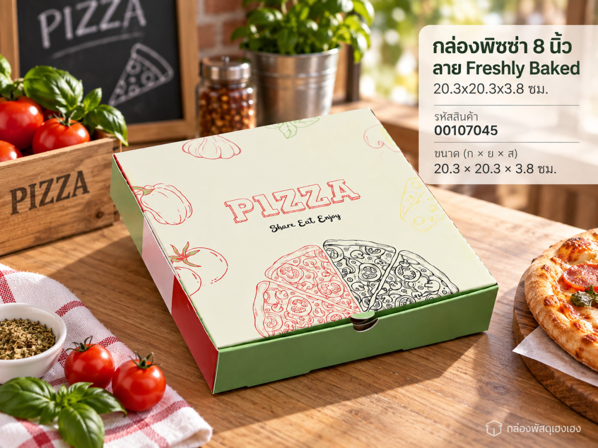 กล่องพิซซ่า 8 นิ้ว ลาย Freshly Baked 20.3x20.3x3.8 ซม.