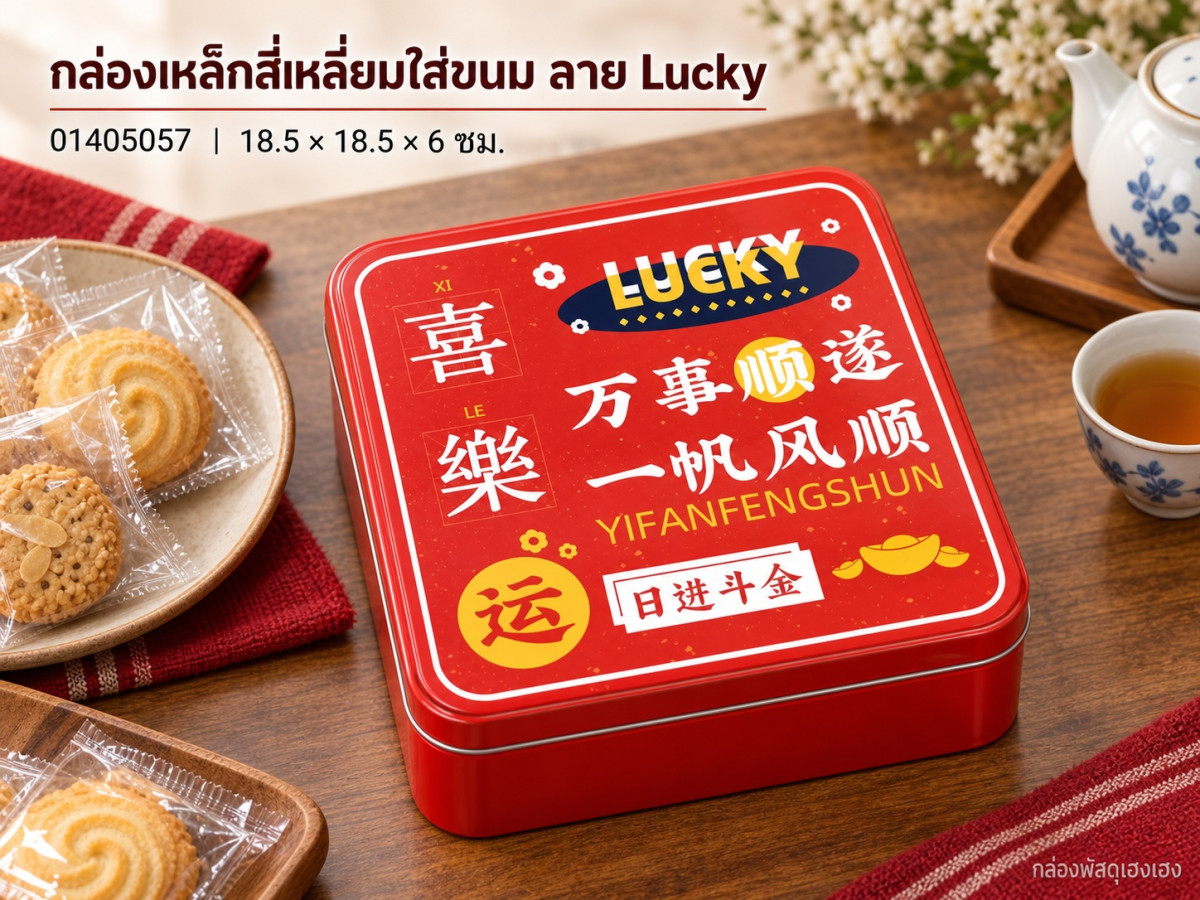 กล่องเหล็กสี่เหลี่ยมใส่ขนม ลาย Lucky 18.5x18.5x6 ซม.