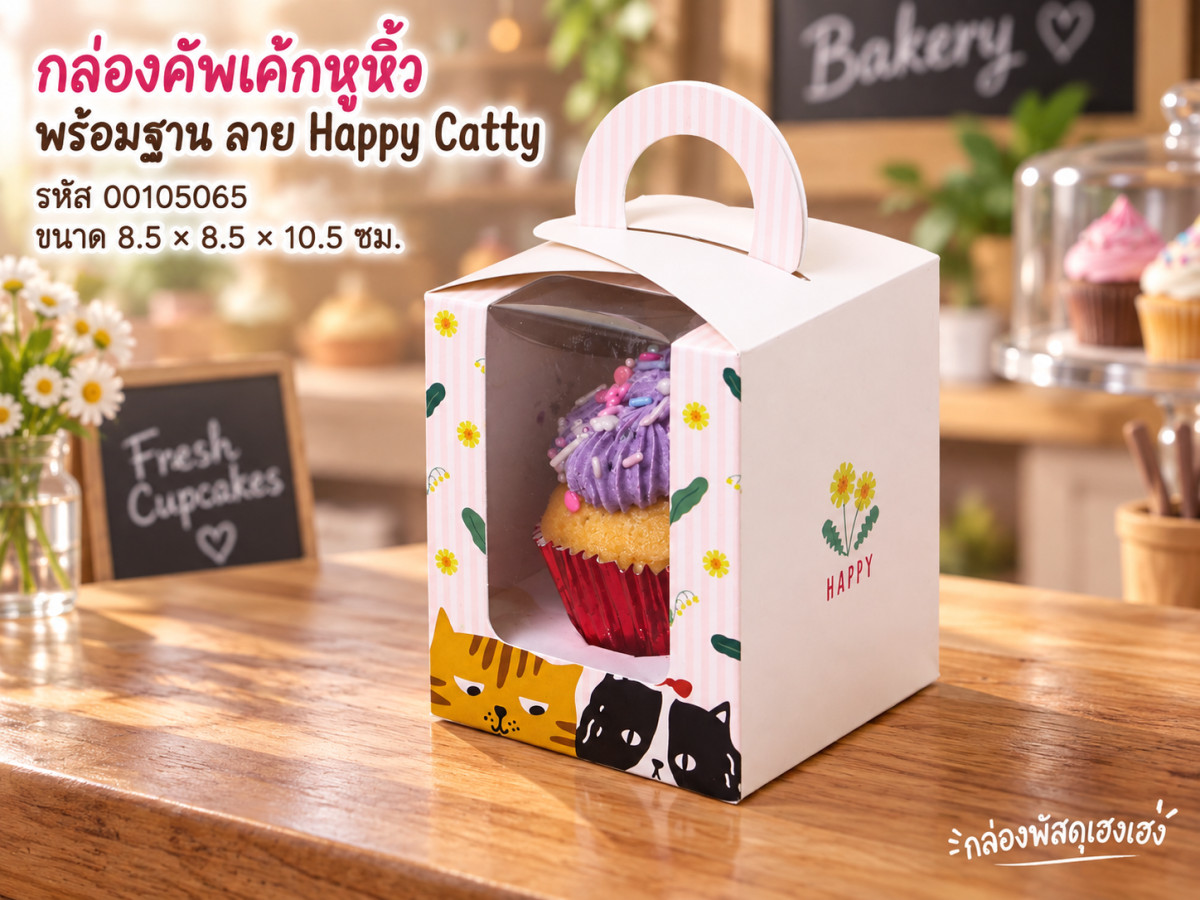 กล่องคัพเค้ก 1 ชิ้นหูหิ้ว หน้าต่างวีเชฟ พร้อมฐาน ลาย Happy Catty. ขนาด 8.5x8.5x10.5 ซม.