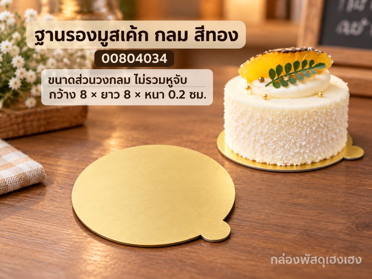 ฐานรองมูสเค้ก กลม สีทอง ขนาดส่วนวงกลม ไม่รวมหูจับ 8x8x0.2 ซม.