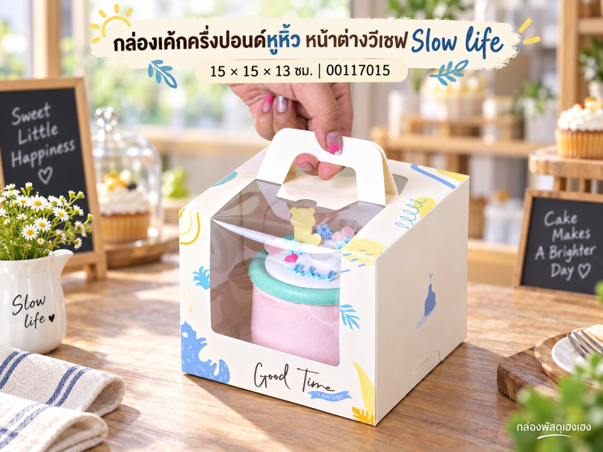 กล่องเค้กครึ่งปอนด์หูหิ้ว หน้าต่างวีเชฟ Slow life 15x15x13 ซม.
