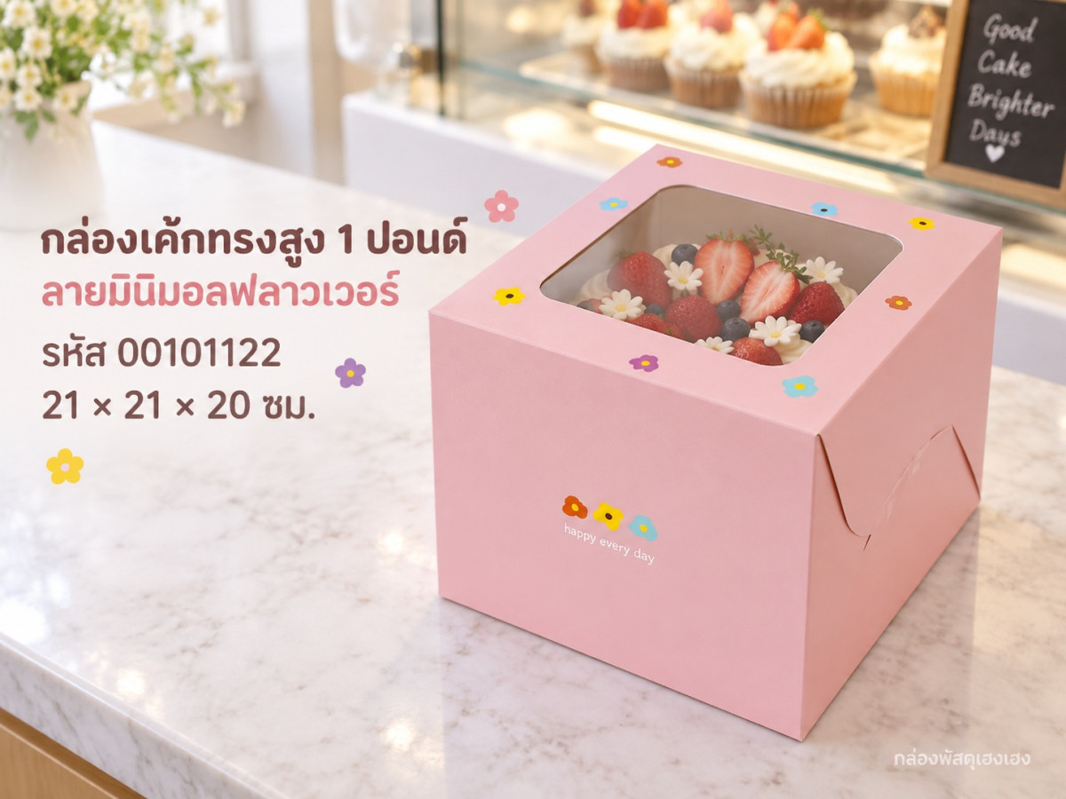 กล่องเค้ก 1 ปอนด์ ทรงสูง ลายมินิมอลฟลาวเวอร์ 21x21x20 ซม.