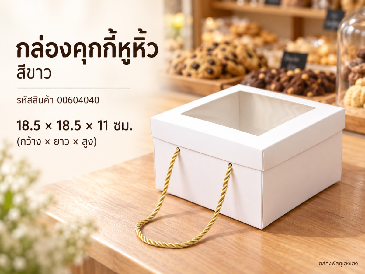 กล่องคุกกี้หูหิ้ว สีขาว 18.5x18.5x11 ซม.