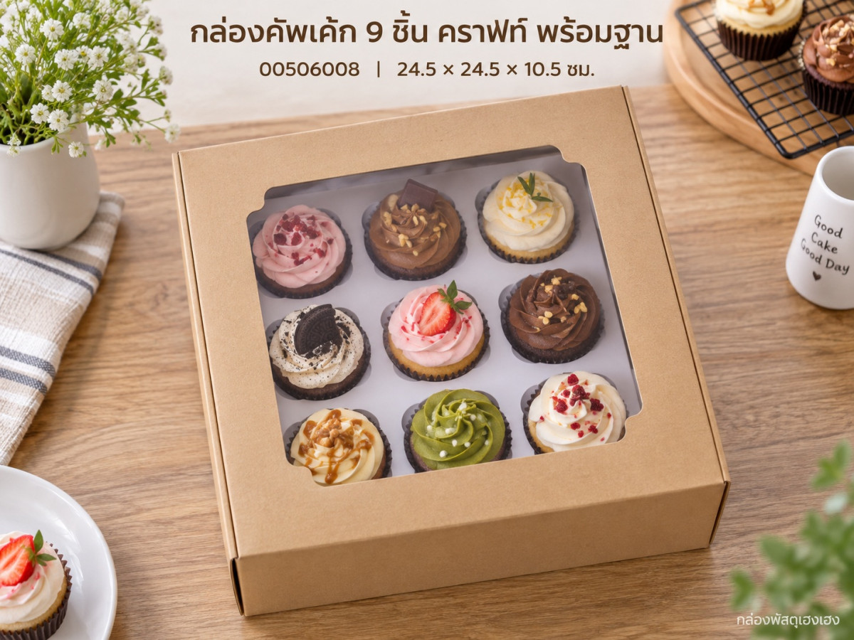 กล่องคัพเค้ก 9 ชิ้น พร้อมฐาน คราฟท์ 24.5x24.5x10.5 ซม.