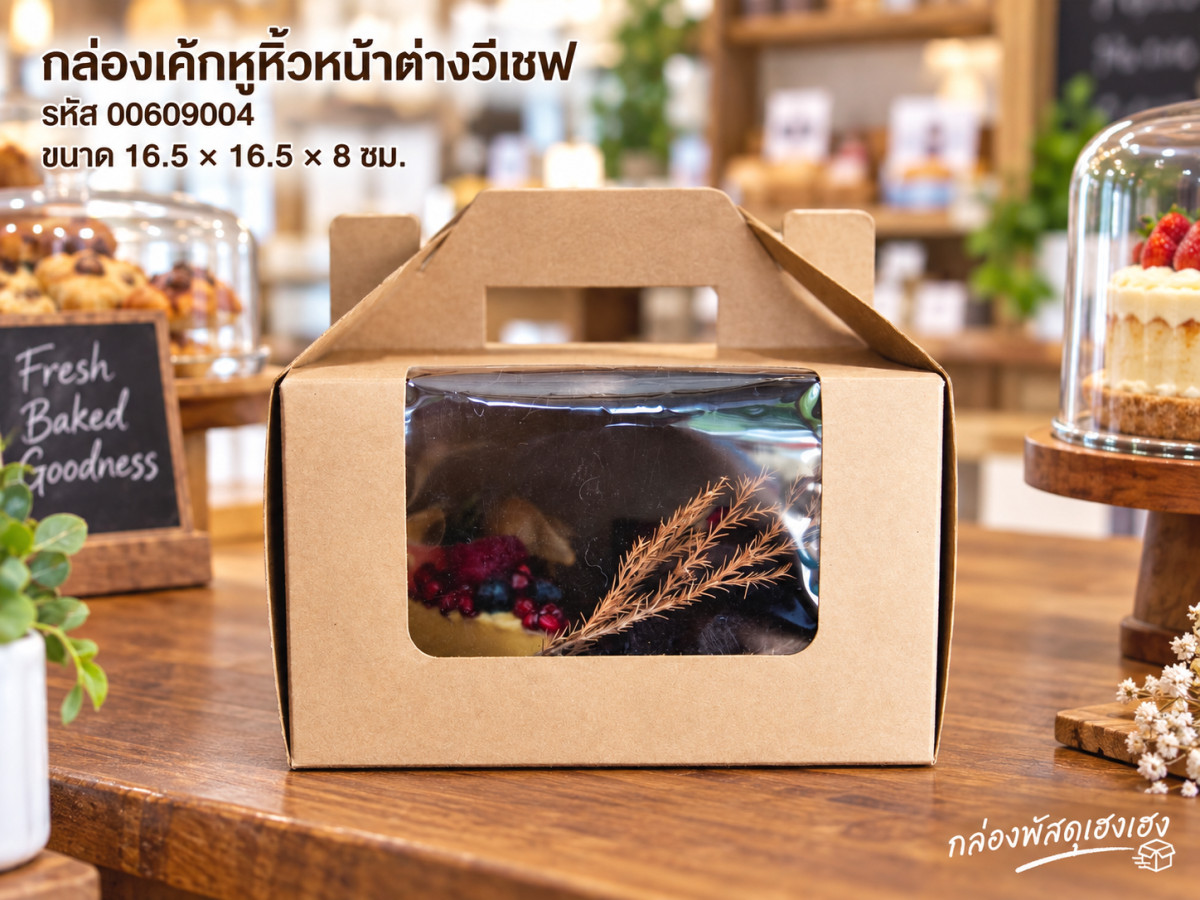 กล่องเค้กหูหิ้วหน้าต่างวีเชฟ 16.5x16.5x8 ซม.
